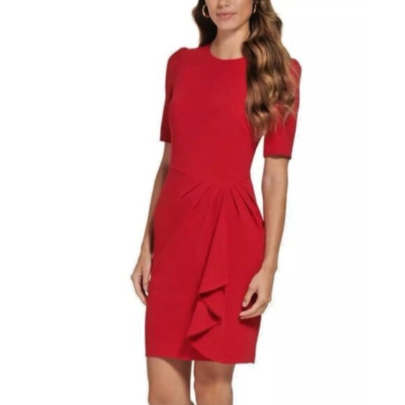 Donna Karan DKNY Dress 14 Red Short Sleeve Ruffle Stretch Career NEW - Picture 1 of 16